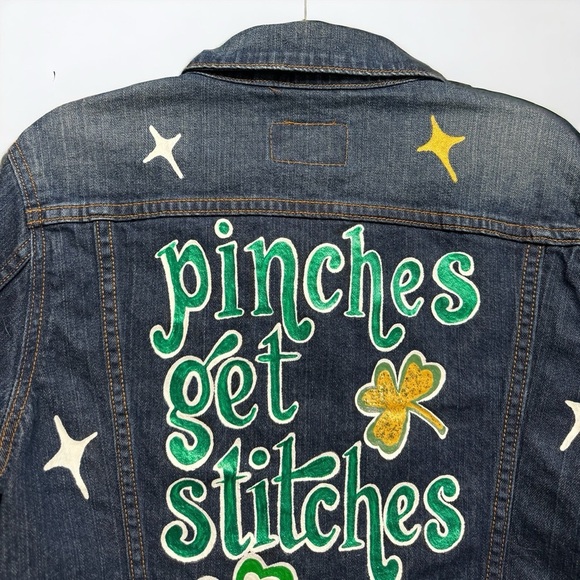 Hand Painted Jean Jacket: “Pinches Get Stitches”, St Patrick’s Day, Ladies XL - Picture 5 of 13